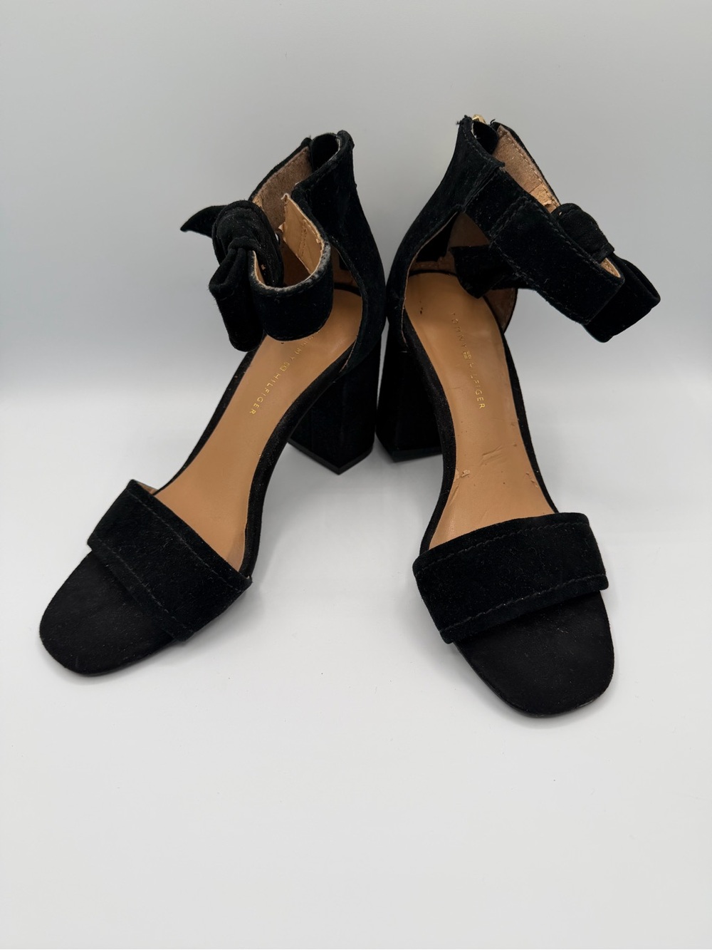 Tommy Hilfiger Black Velvet Ankle-Strap Block Heels with Bow